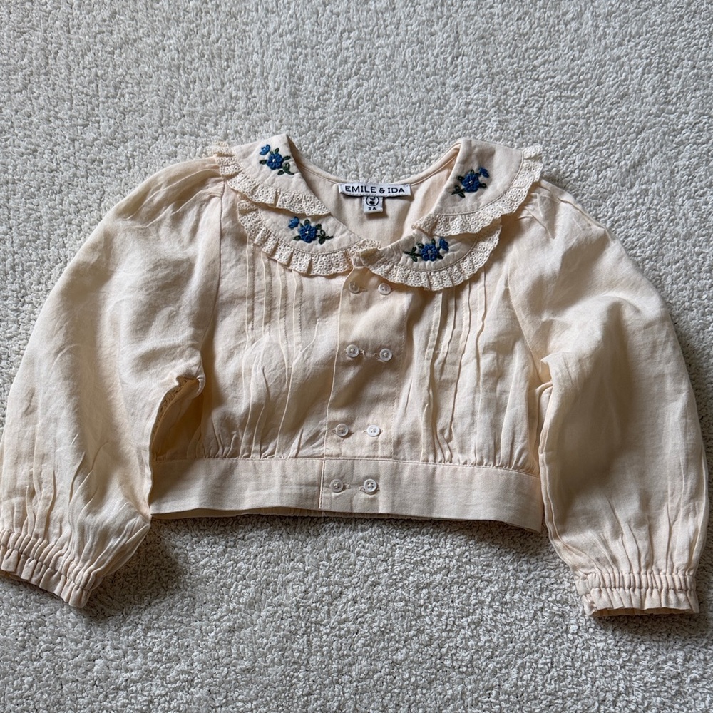 Emile et Ida Cream Blouse with Blue Floral Embroidery… never been worn!